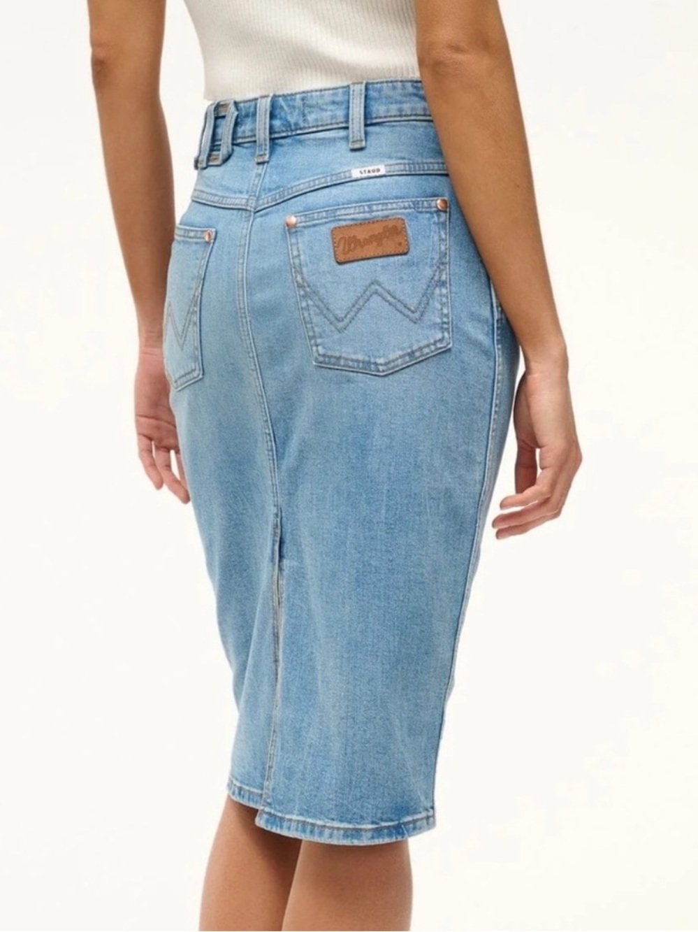 STAUD x Wrangler The Pencil Skirt Denim Sz 31 STAUD Belt loops